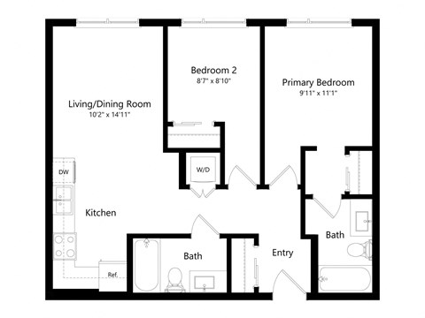 Floor plan for 2 beds, 2 baths, 779 sqft